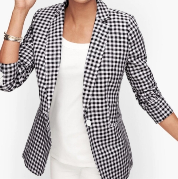 Talbots Classic Blazer Linen / Cotton Blend B&W Gingham NWOT *Flaw - Size 14WP - Picture 2 of 15